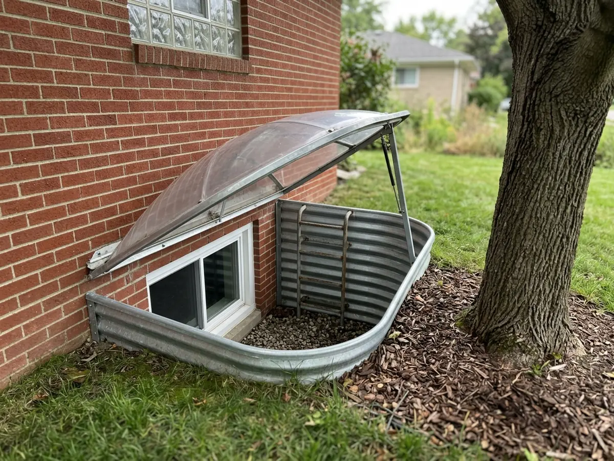 Galvanized metal egress window well with a fixed ladder and a clear polycarbonate cover beside a brick ranch house