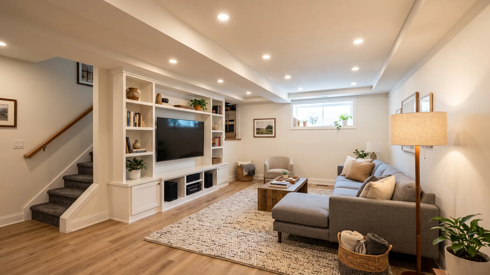 Finished basement family room with oak vinyl plank floor, recessed lights, a grey sectional and a built-in media wall