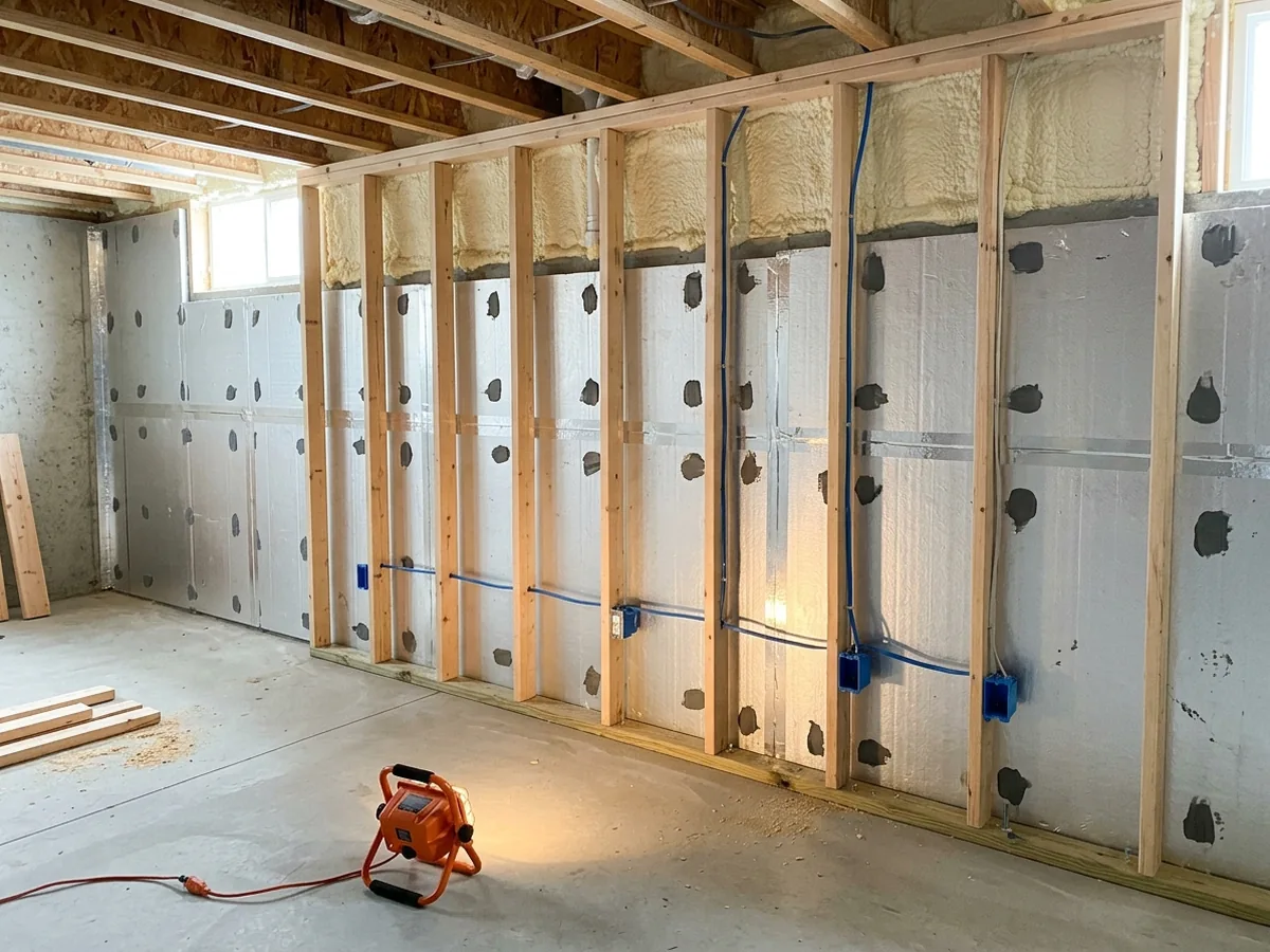 Basement walls with rigid foam insulation on the concrete, new stud framing, wiring and spray-foamed rim joist