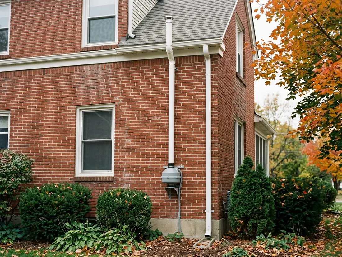 Radon vent pipe and fan mounted on the exterior wall of a brick colonial house, running up past the eaves