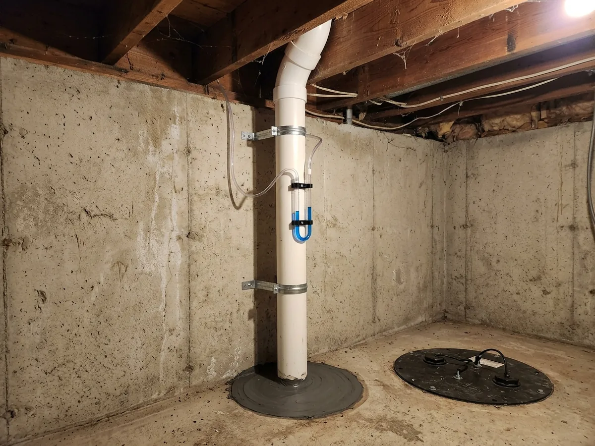 White PVC radon vent pipe rising from a sealed hole in a basement slab, with a U-tube manometer gauge mounted on the pipe