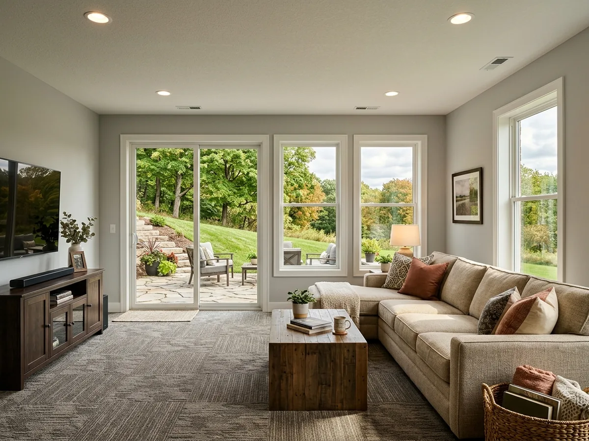 Finished walkout basement family room with a sliding patio door opening onto a stone patio and a lawn with mature maples