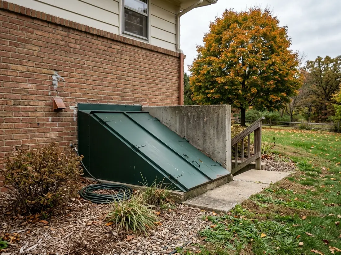 Steel bulkhead basement door with two hinged leaves over a concrete areaway beside the foundation of a brick ranch house